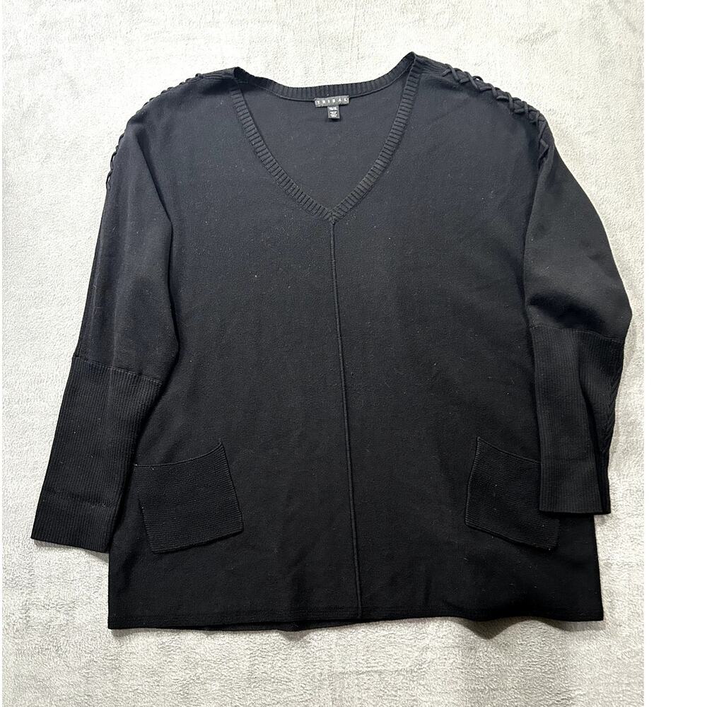 Tribal Sweater Women Black V Neck‎ Knit 3/4 Sleeve Lace Up Shoulder Size XL